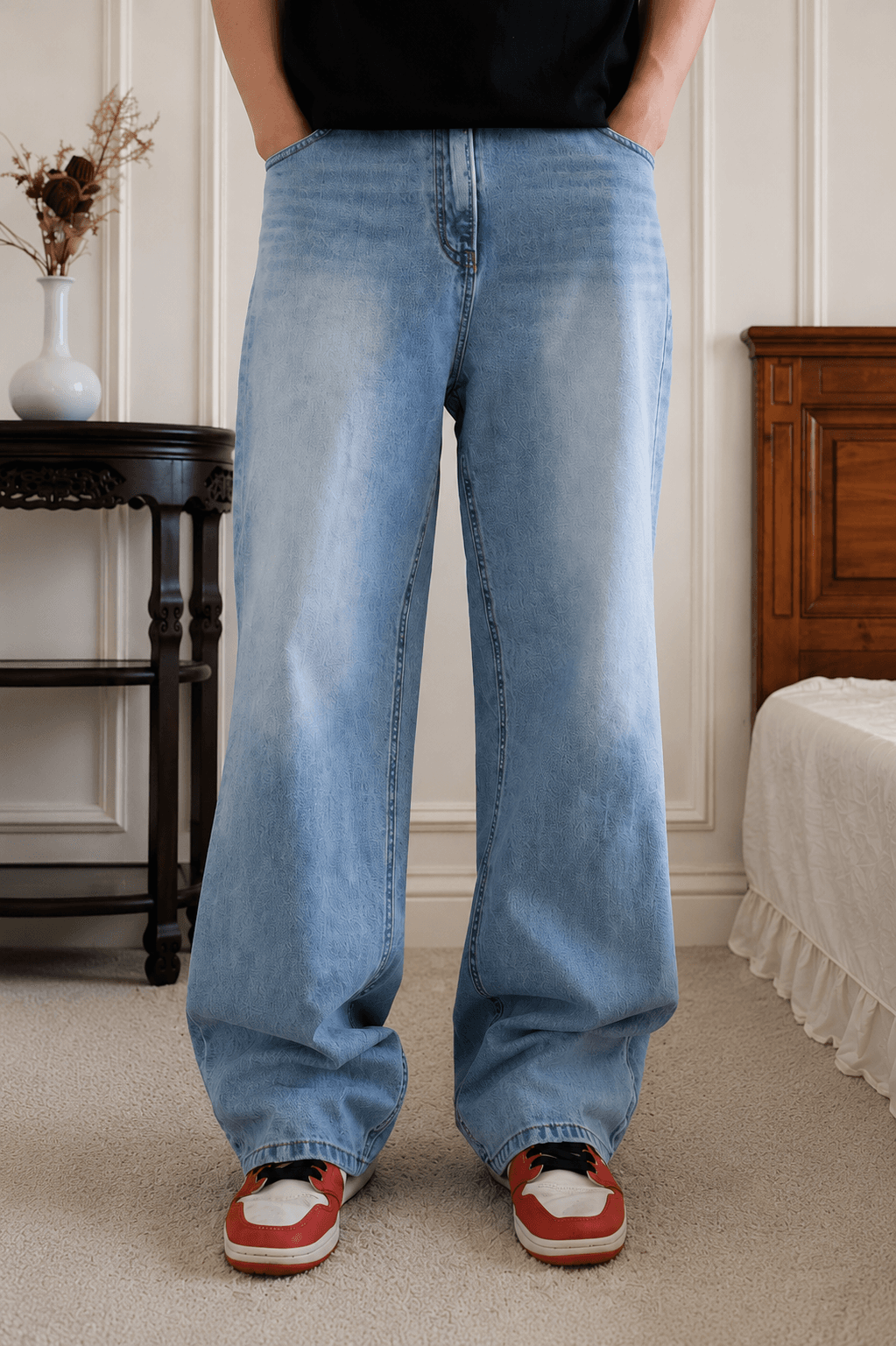 正韓質感水洗丹寧藍寬版直筒牛仔褲